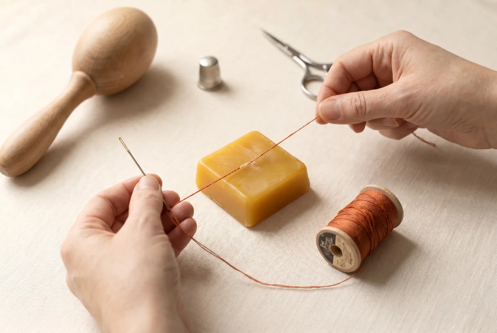 Photo: Thread a darning needle, and because this thread must bear strain, draw the length across a cake of beeswax two or three times so it runs smooth and resists fr…