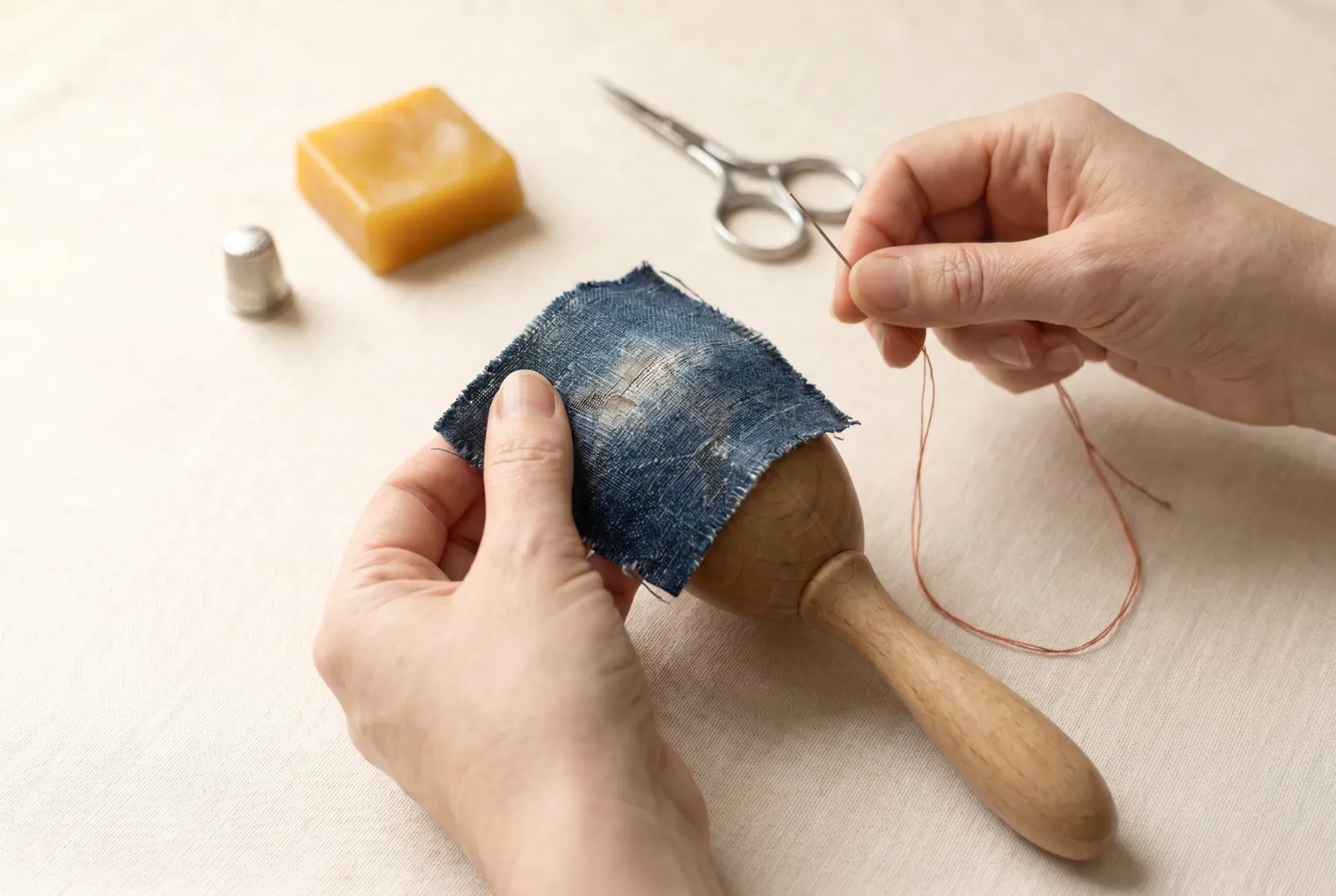 Photo: Turn the garment wrong side out and slip a darning ball or egg under the thin patch so the worn cloth lies smooth and slightly domed.