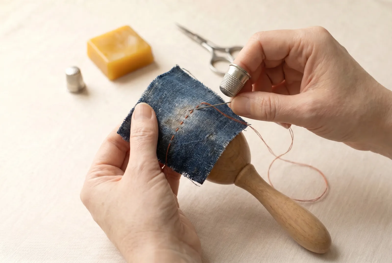 Photo: Begin in sound cloth about 6 mm (1/4 in) to one side of the thin patch and work a row of small running stitches straight across it, carrying the row 6 mm (1/4…