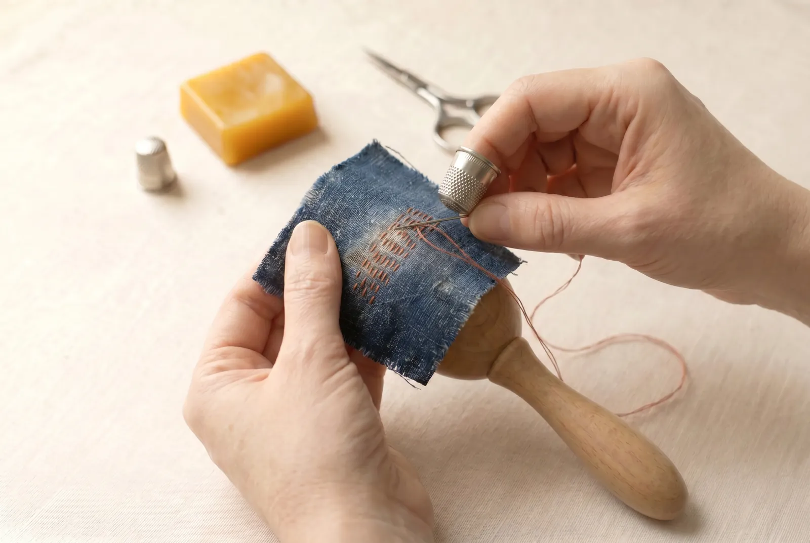 Photo: Work row after row beside the first, set close, a few threads apart, until your stitches cover the whole thin patch and a margin of sound cloth all around it.