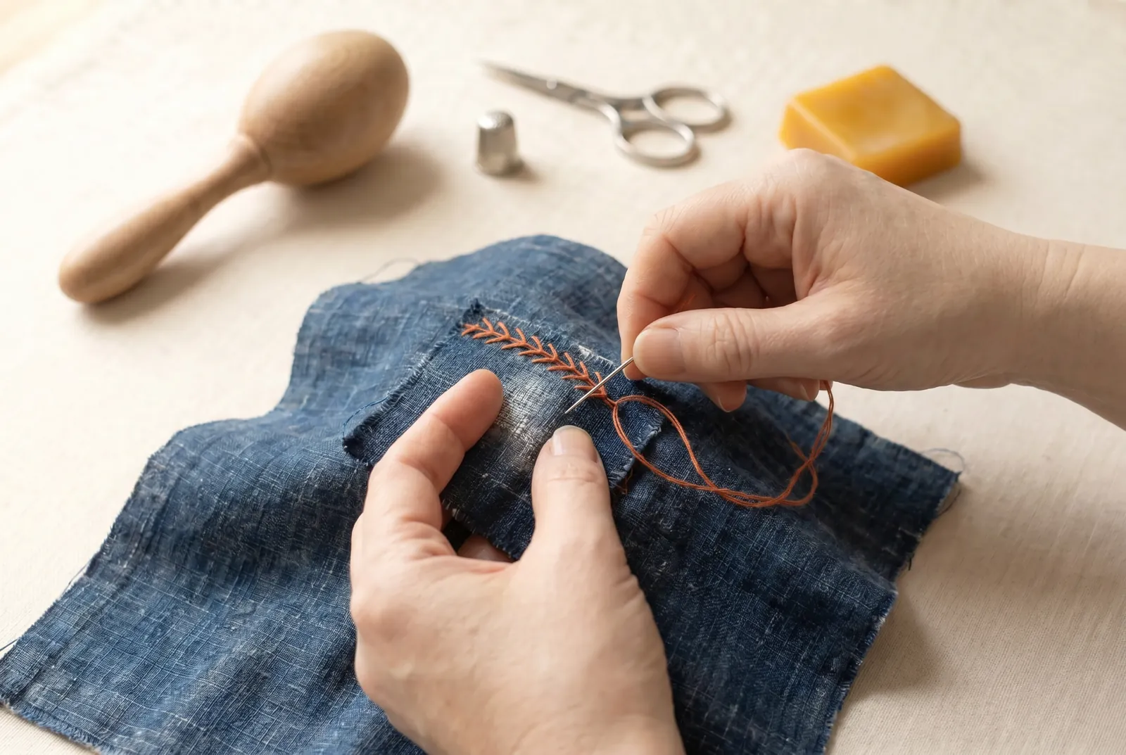 Photo: To make the mend a feature, press the darn flat, then work a row of feather stitch down each side of the darn, or a small figure over and a little beyond it, s…