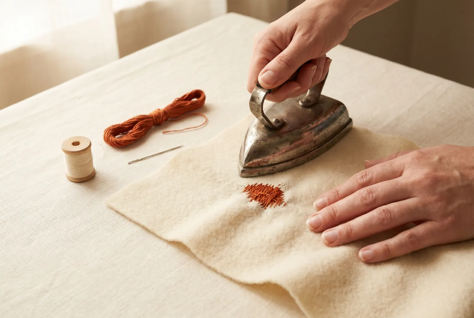 Photo: Press the darn flat before you embroider over it.