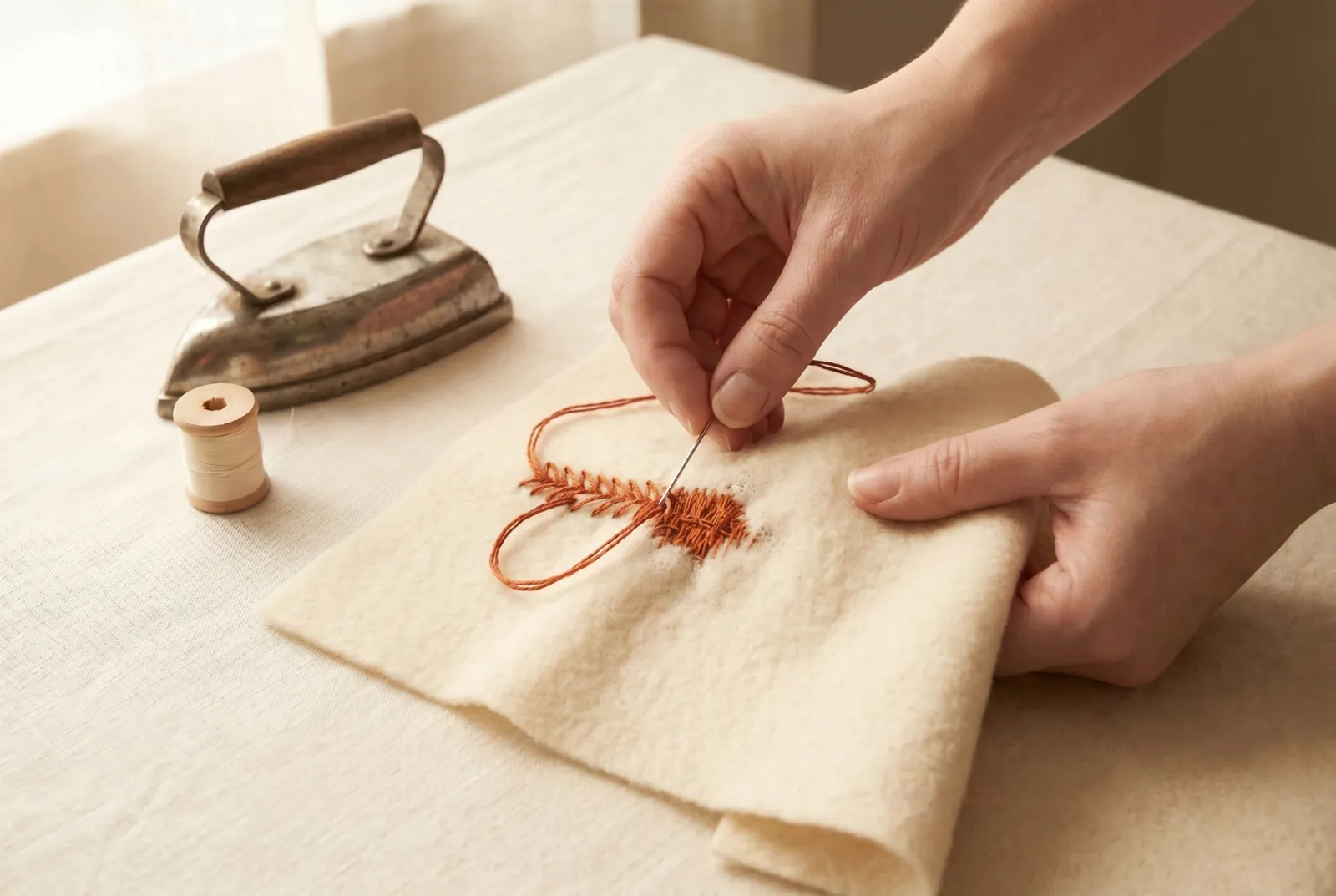 Photo: Work an embroidered figure, such as a spray, a bar, or a small flower, over and a little beyond the darn, so the stitches take hold of the sound cloth around t…