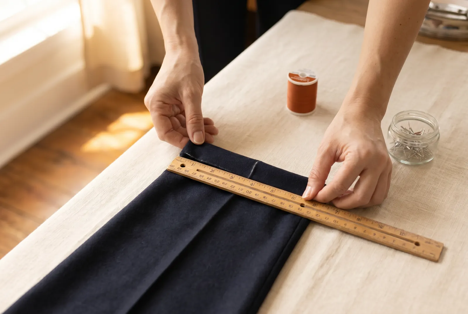 Photo: Fold the raw edge to the wrong side along your marks and turn a hem 4 to 5 cm (1.5 to 2 in) deep, checking the depth with a ruler so it stays even all the way…