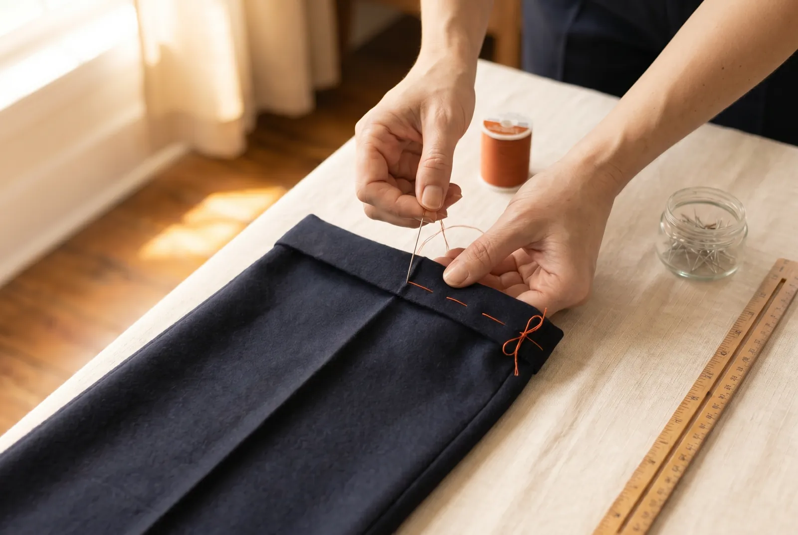 Photo: Hold the fold with a line of basting — temporary running stitches that keep the layers together while you sew.