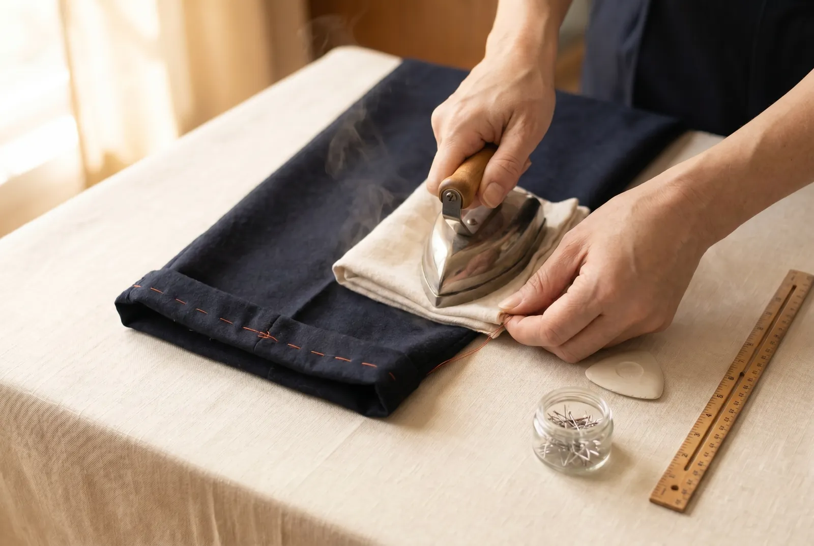Photo: Press the finished hem on the wrong side under the damp cloth while the basting is still in place.