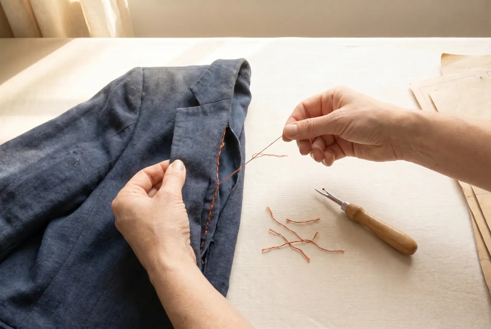 Photo: Draw the loosened thread out in short lengths.