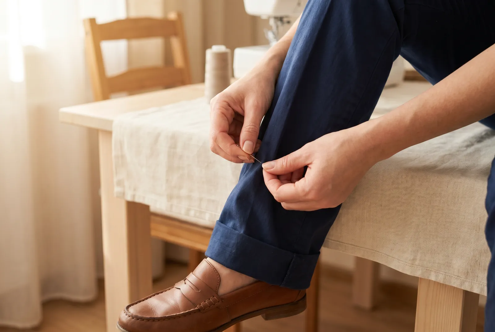 Photo: Put the trousers on with the shoes you plan to wear with them, and pin the new length at the point where you want the hem to break.