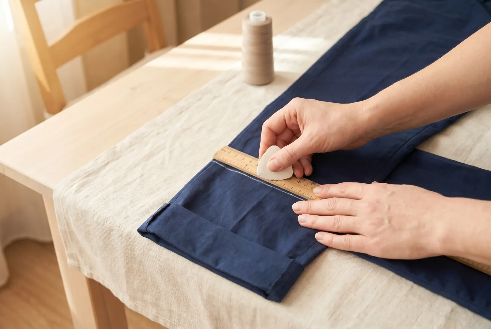 Photo: Take the trousers off and mark the fold line all the way around each leg with tailor's chalk, checking with a ruler that the line stays level with the floor.