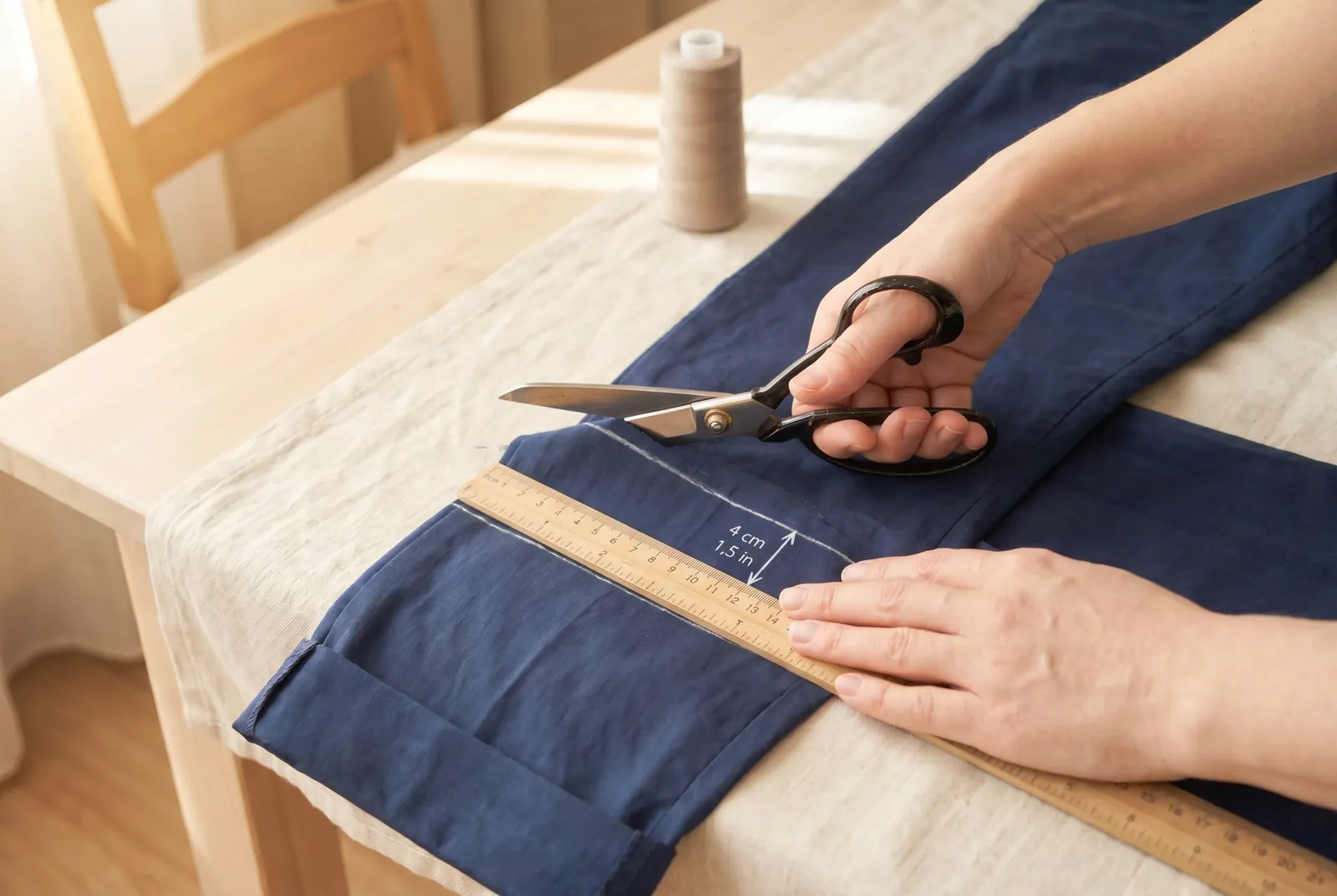 Photo: Measure 4 cm (1.5 in) below the chalk line for the hem allowance, mark it, and trim off the excess fabric with scissors along that line.