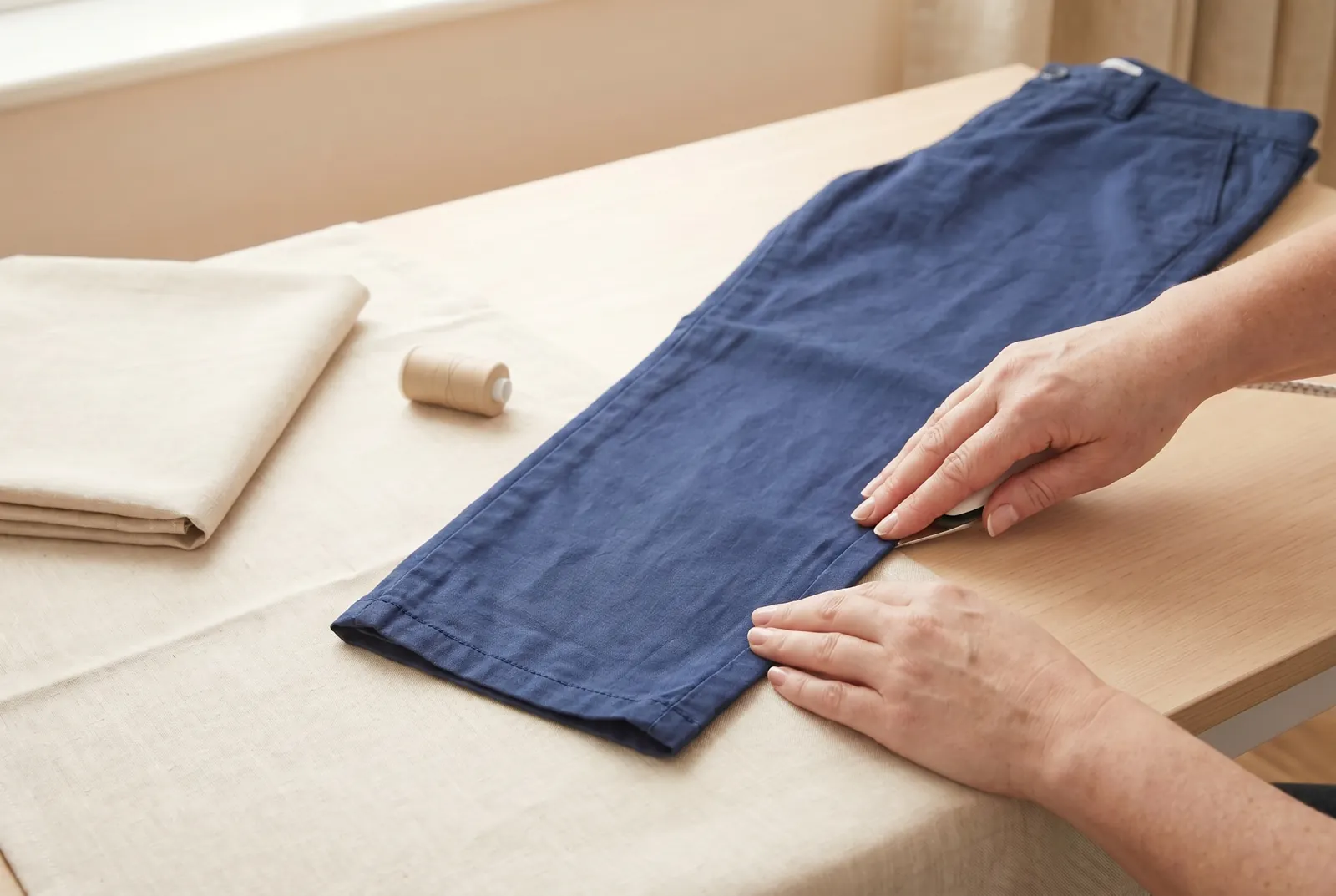Photo: Press the raw edge under by 1 cm (3/8 in) all the way around each leg.
