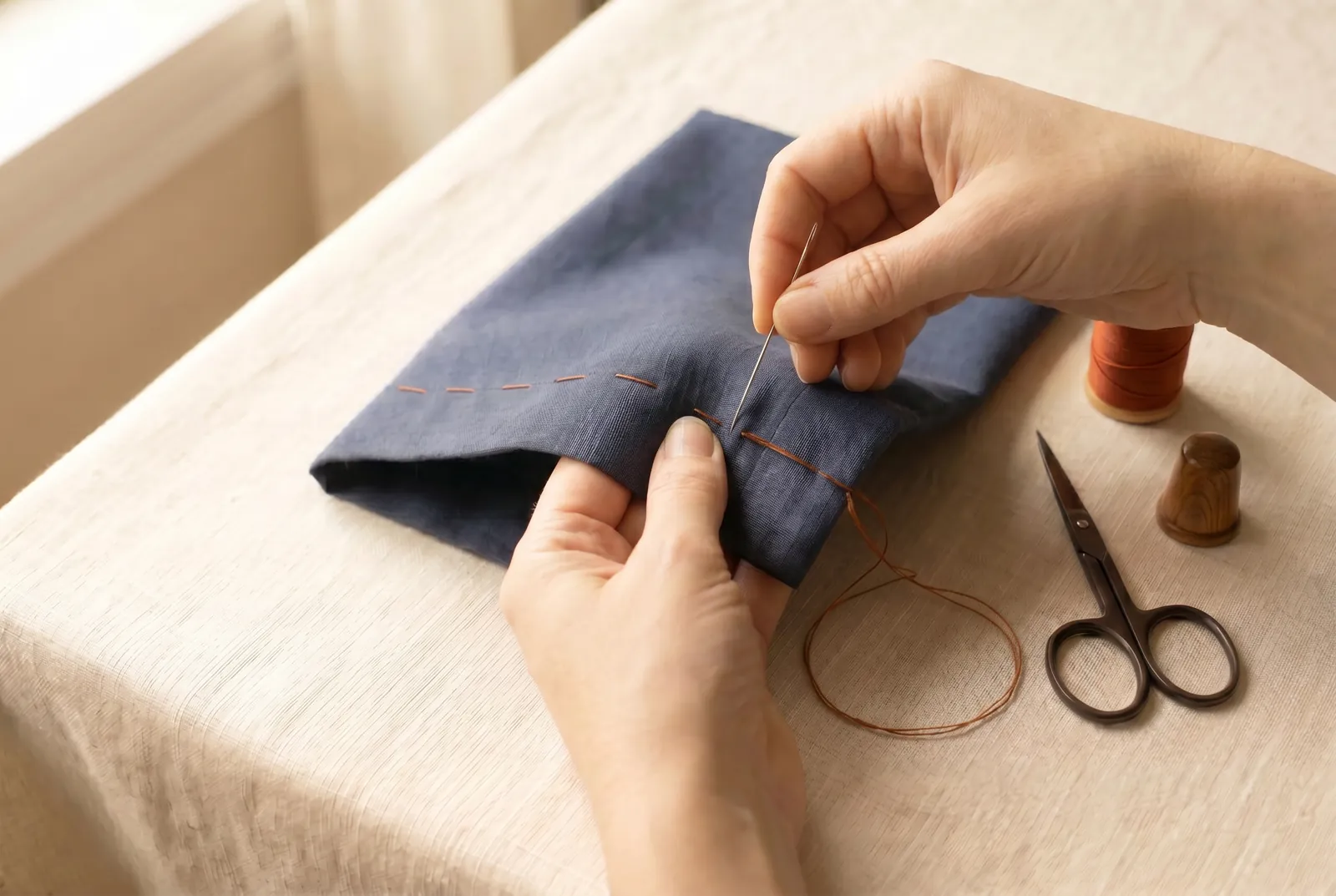 Photo: Repeat down the hem so that only a single thread shows on the surface at each stitch and the working thread stays hidden within the fold.