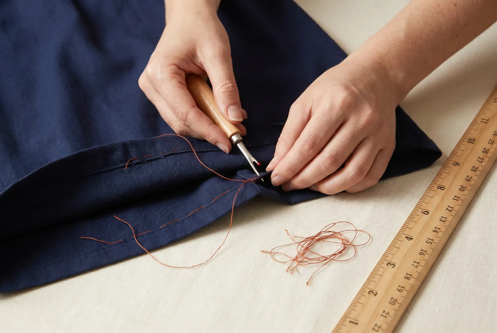 Photo: Turn the skirt inside out and pick out the old hemming stitches with a seam ripper, working under one stitch at a time so you cut thread and not cloth.