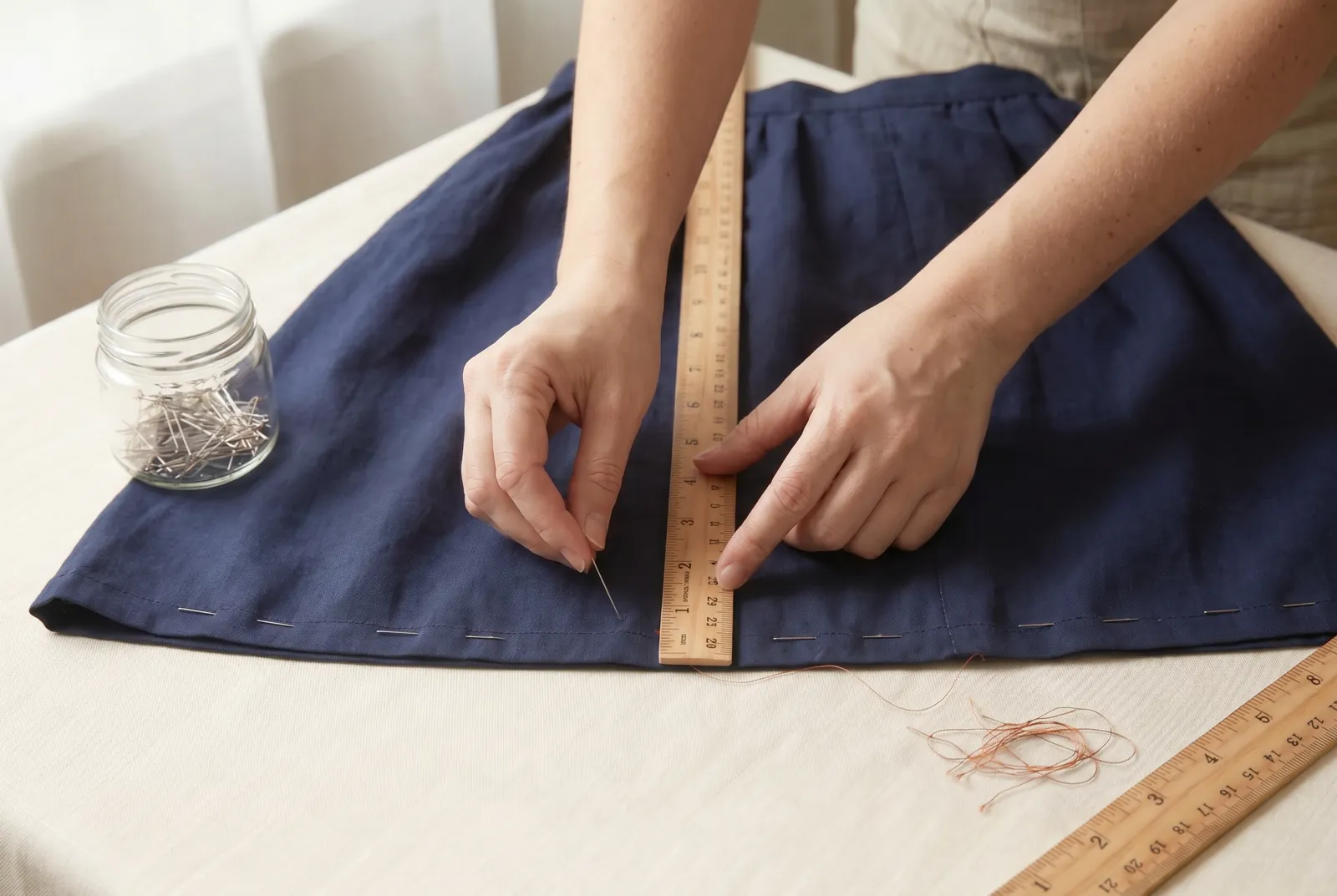 Photo: Put the skirt on, or hang it on a form, and mark the new hemline by measuring up from the floor with a yardstick, setting a pin every few inches all the way ar…