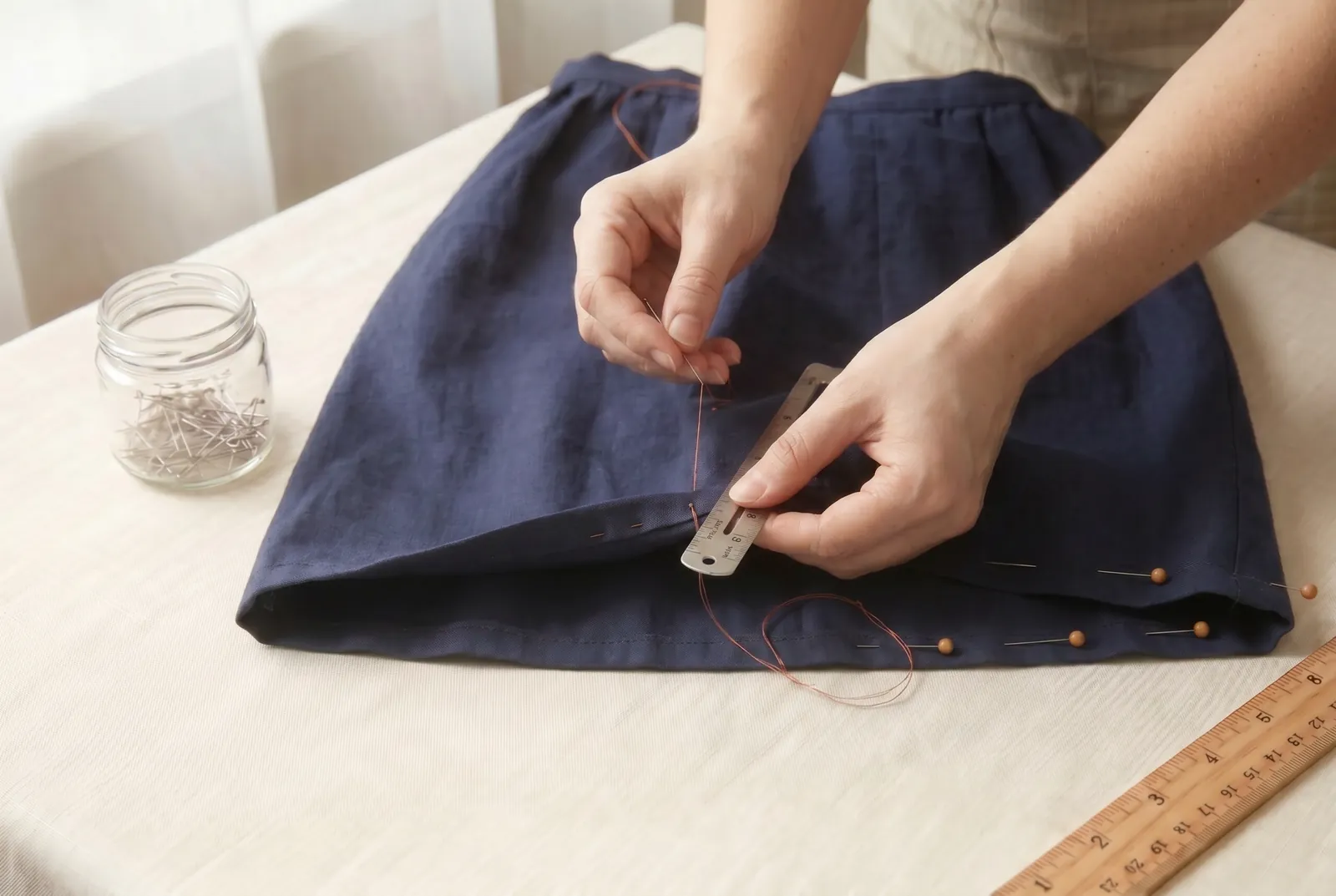 Photo: Finish option A, first part: turn the skirt up to the wrong side along the pinned line, baste close to the new fold, and try the skirt on once more before any…