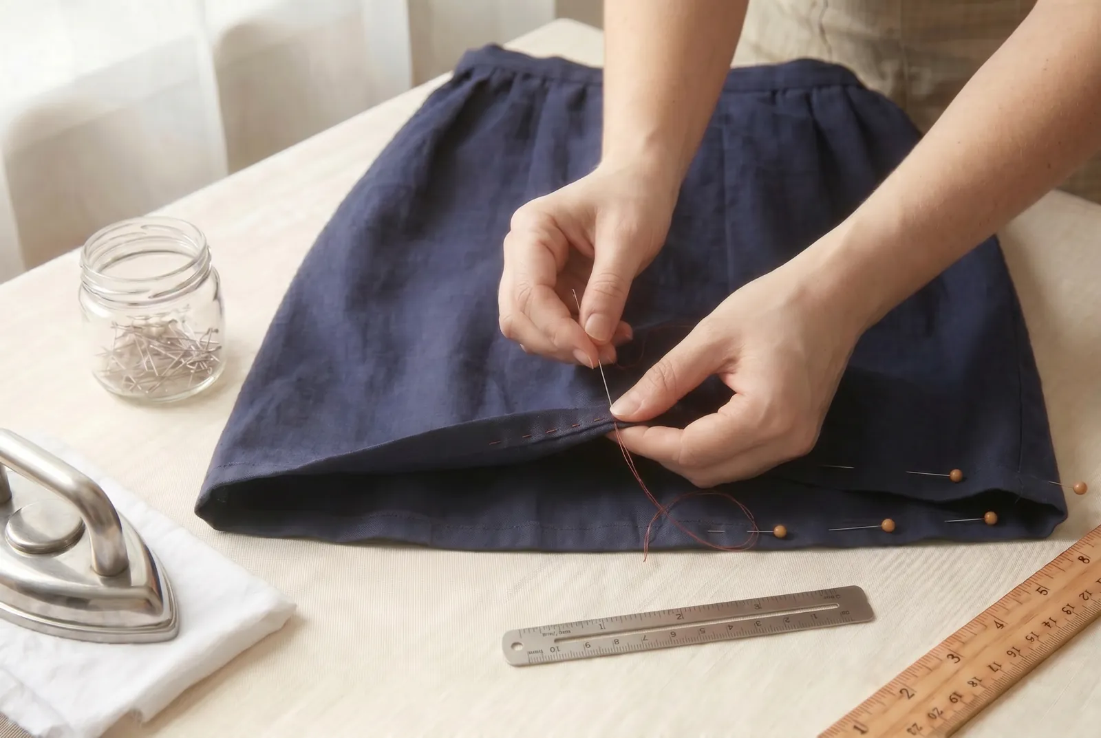 Photo: Finish option A, second part: thread a needle and knot the end (or set up the machine), then hem the basted fold to the skirt.