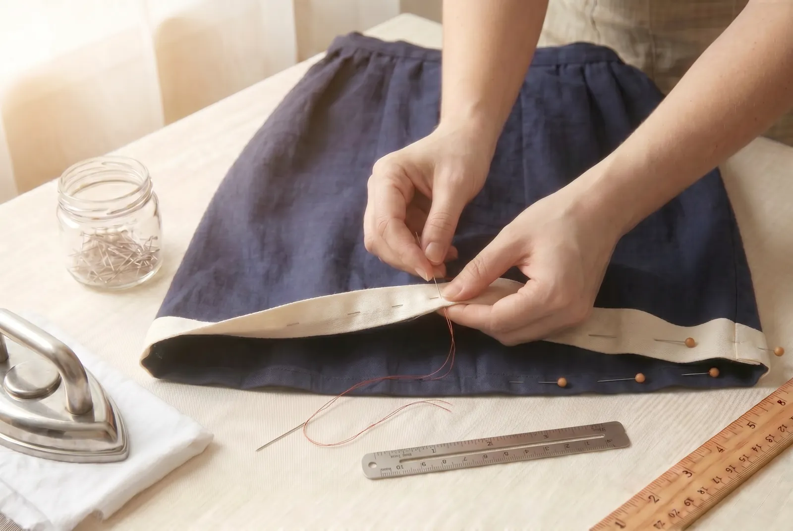 Photo: Finish option B (instead of A): before sewing on any braid, tape, or contrasting band, shrink it first by washing or steaming it — a raw tape sewn on flat puck…