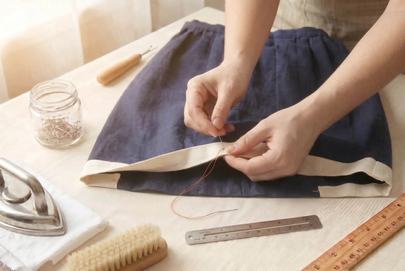 Photo: Finish option C, advanced (instead of A or B): to keep every inch of length, do not turn a hem at all — sew a strip of matching fabric to the raw edge, turn it…