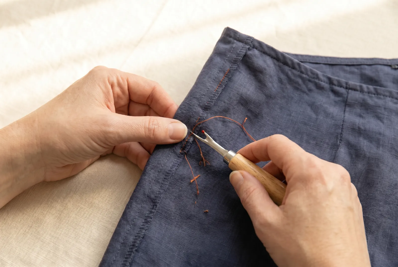 Photo: Open the old stitching through the waist section of BOTH side seams, splitting the room you need evenly — half at each side keeps the garment hanging straight…