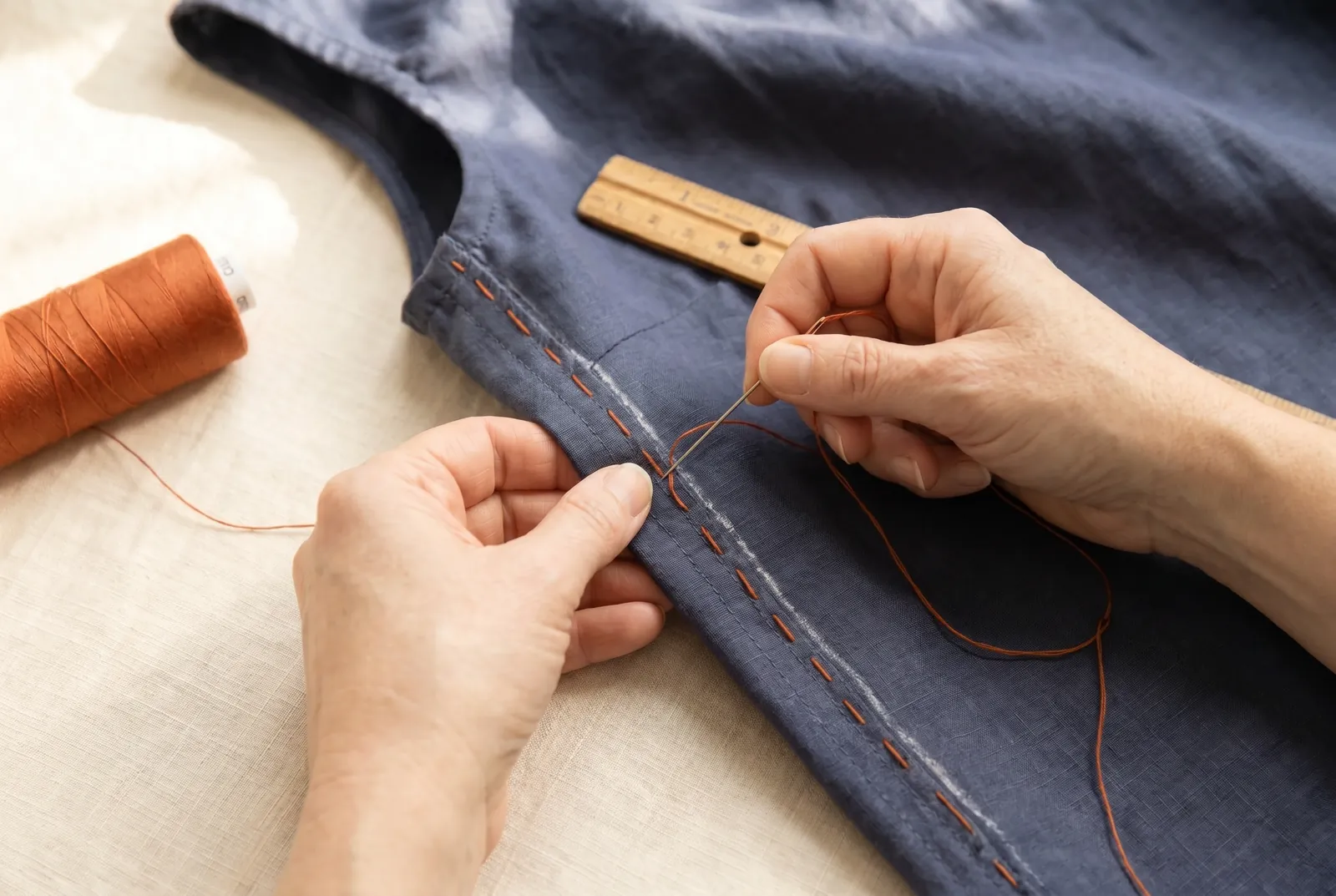 Photo: On each opened seam, mark the new seam line closer to the raw edge with chalk, moving each line out by half the total room you need.
