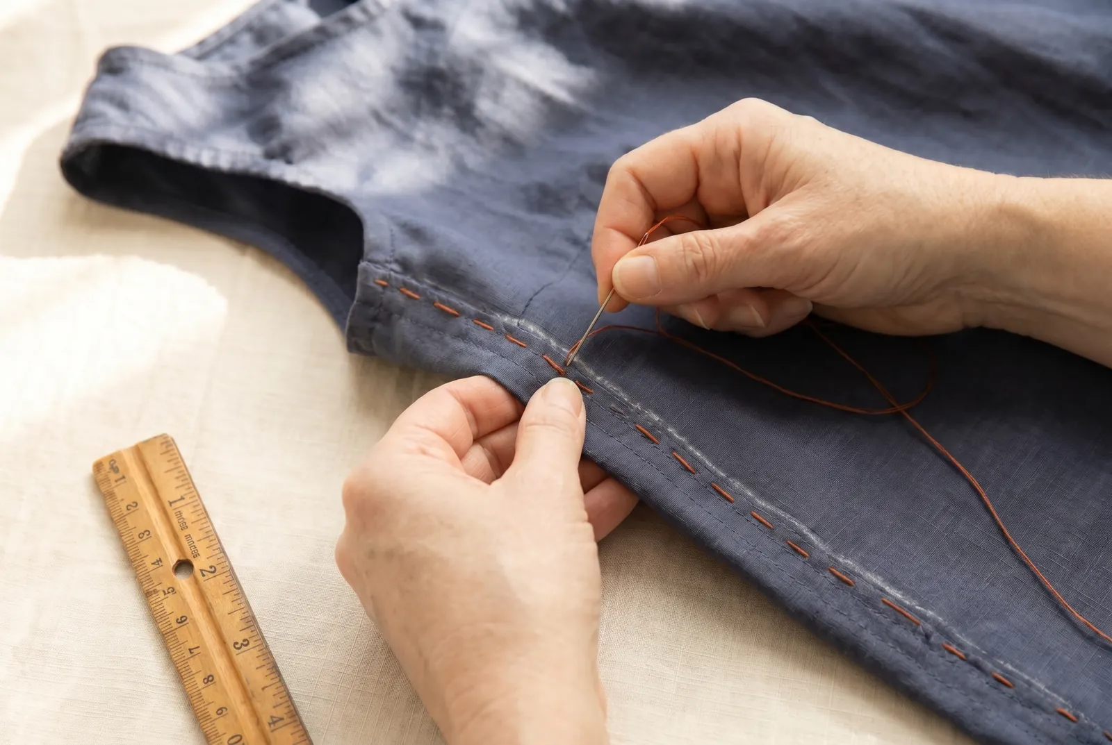 Photo: Knot the thread, then stitch the new seam along the basted line with small, even running stitches 1.5 to 3 mm (1/16 to 1/8 in) long, taking one backstitch ever…