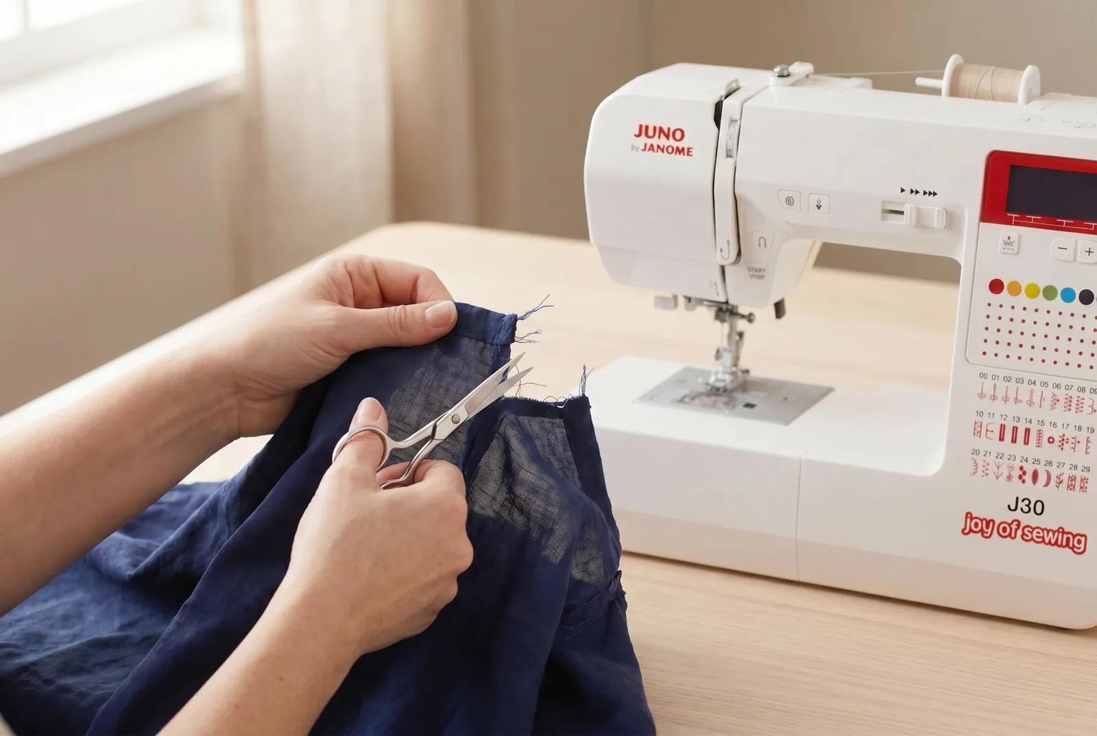 Photo: Trim any loose thread tails close to the fabric with small scissors so they don't catch under the presser foot.