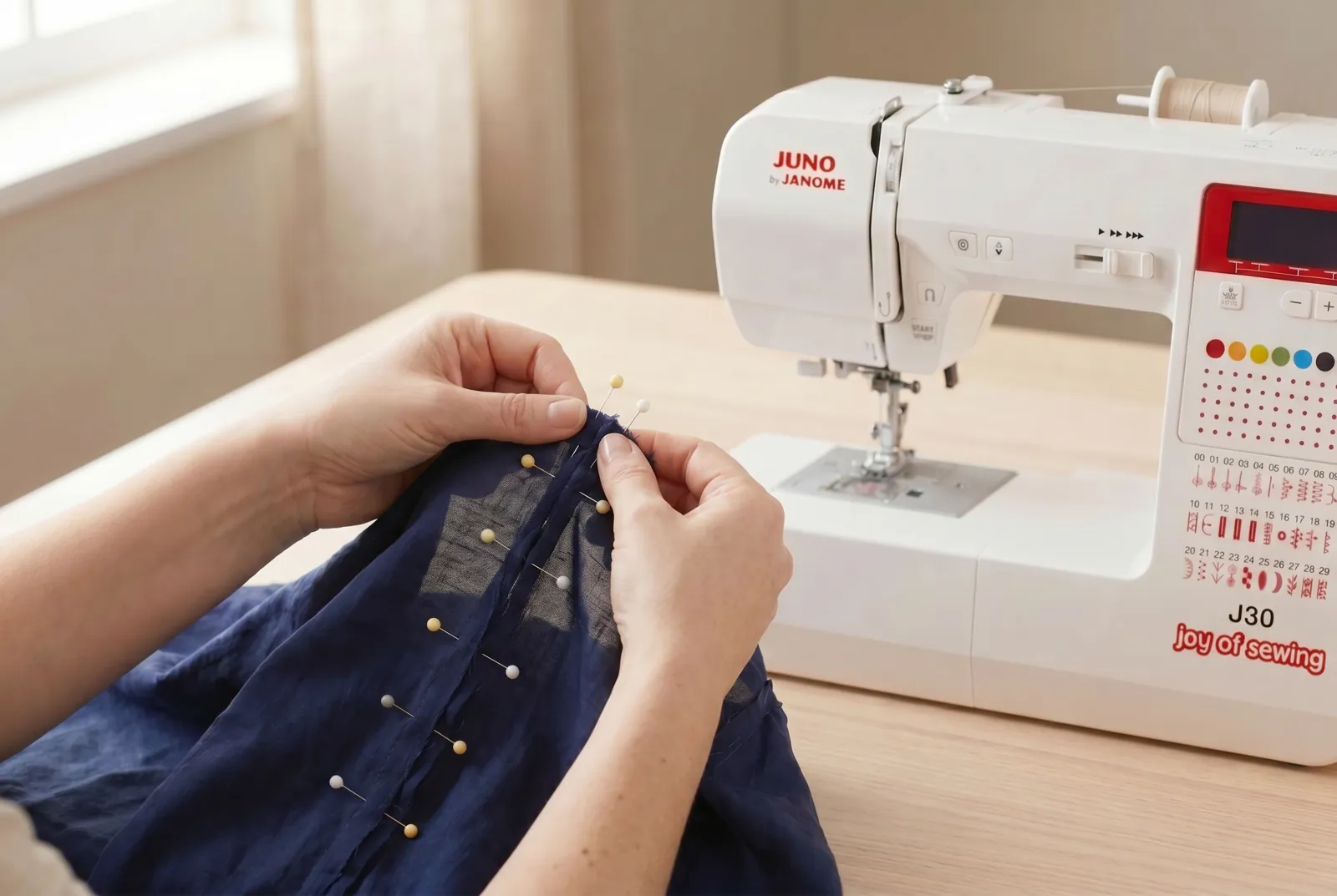 Photo: Line the two fabric edges back up exactly along the original seam line and pin every 3 cm (1 1/4 in) if the fabric shifts.