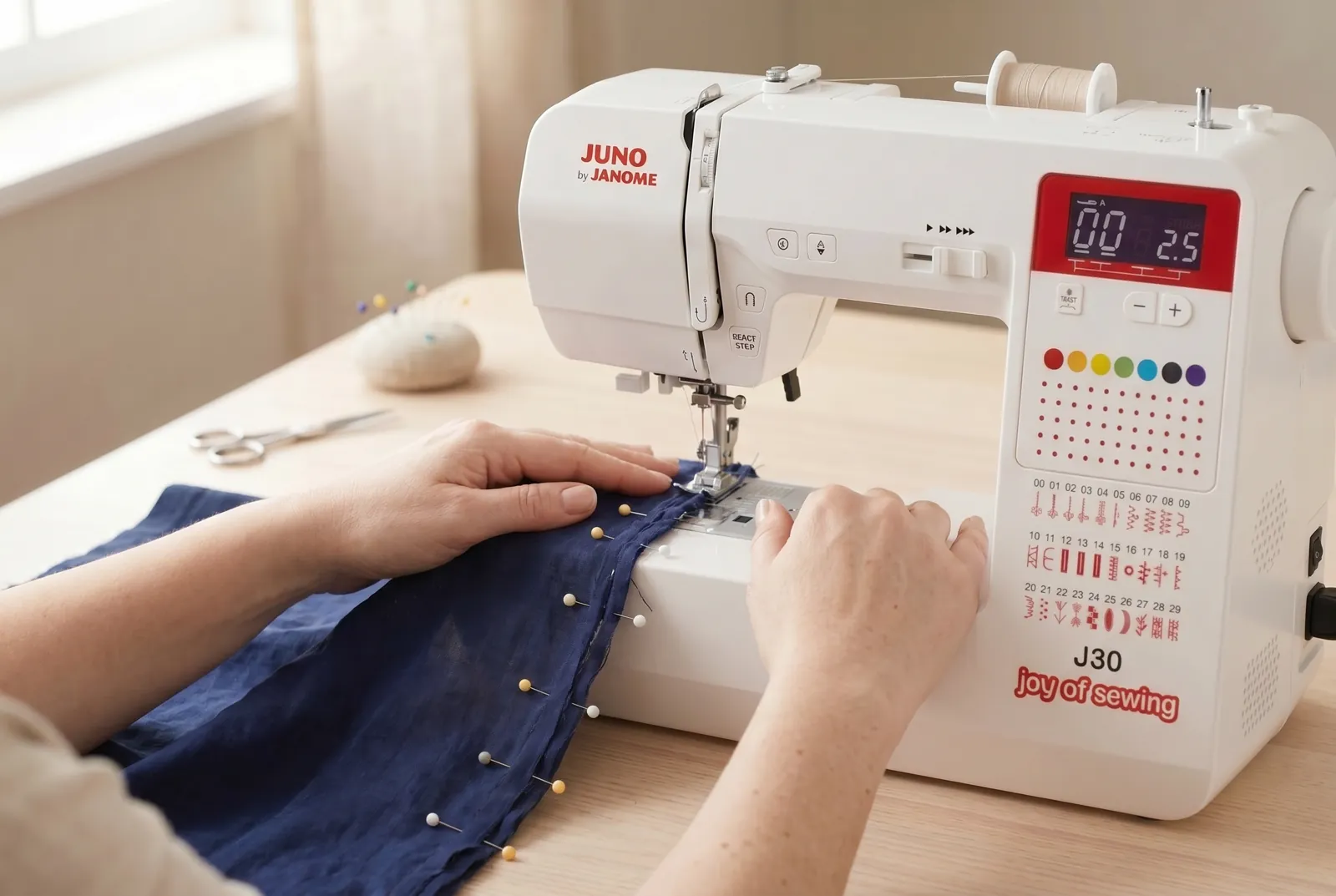 Photo: Fit the universal foot (A), select straight stitch (program 00) at 2.5 mm length, and start stitching about 1.5 cm (5/8 in) before the gap, on intact original…