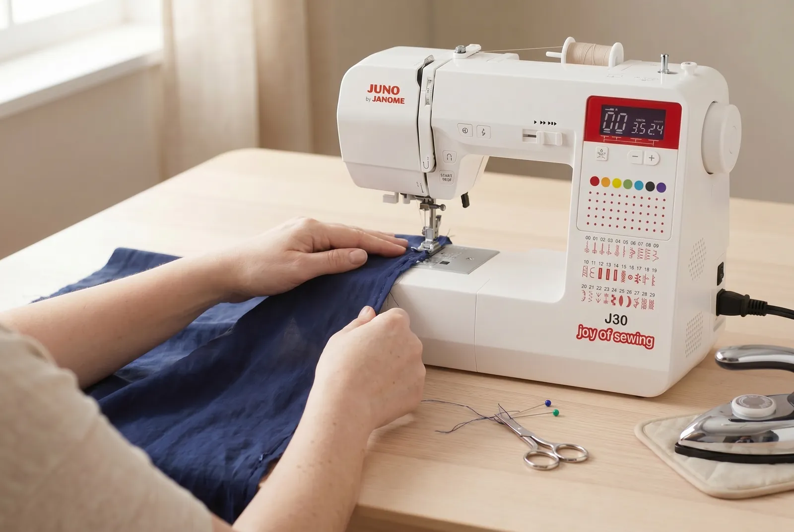 Photo: Stitch forward over the backtack, across the open gap, and 1.5 cm (5/8 in) past the far end of the gap onto intact stitches on the other side.