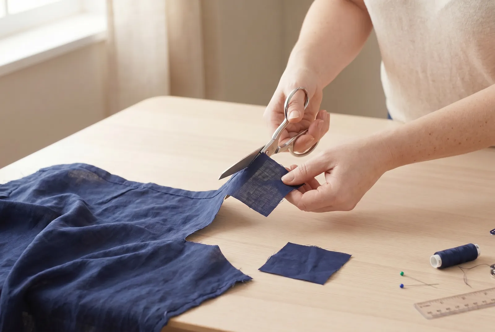 Photo: For a hole or tear: cut a patch of fabric similar in weight and stretch to the garment, about 2 cm (3/4 in) larger than the hole on every side - for a 2 cm hol…
