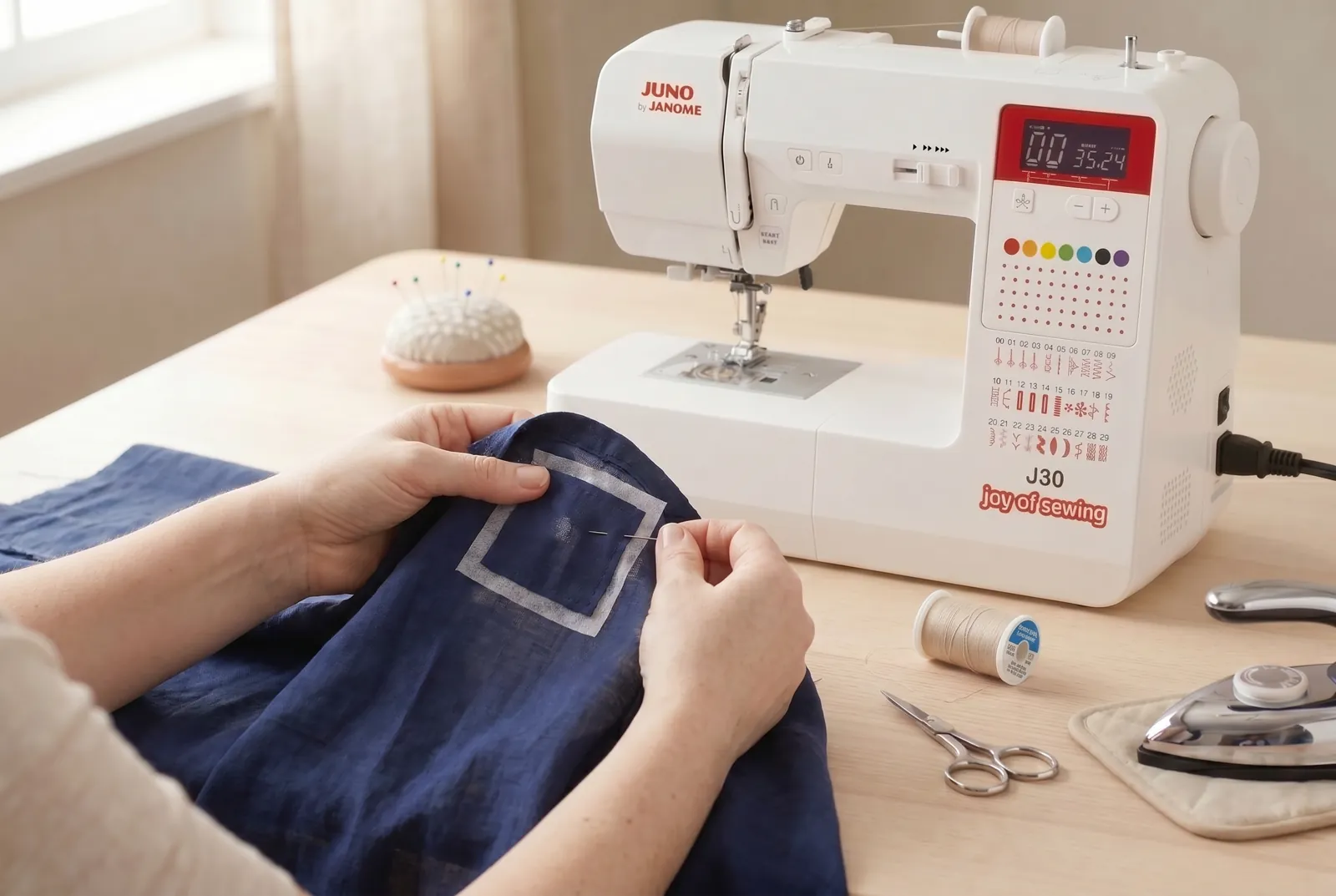 Photo: With the garment inside out, pin the patch behind the hole so it fully covers the hole with an even margin all round.