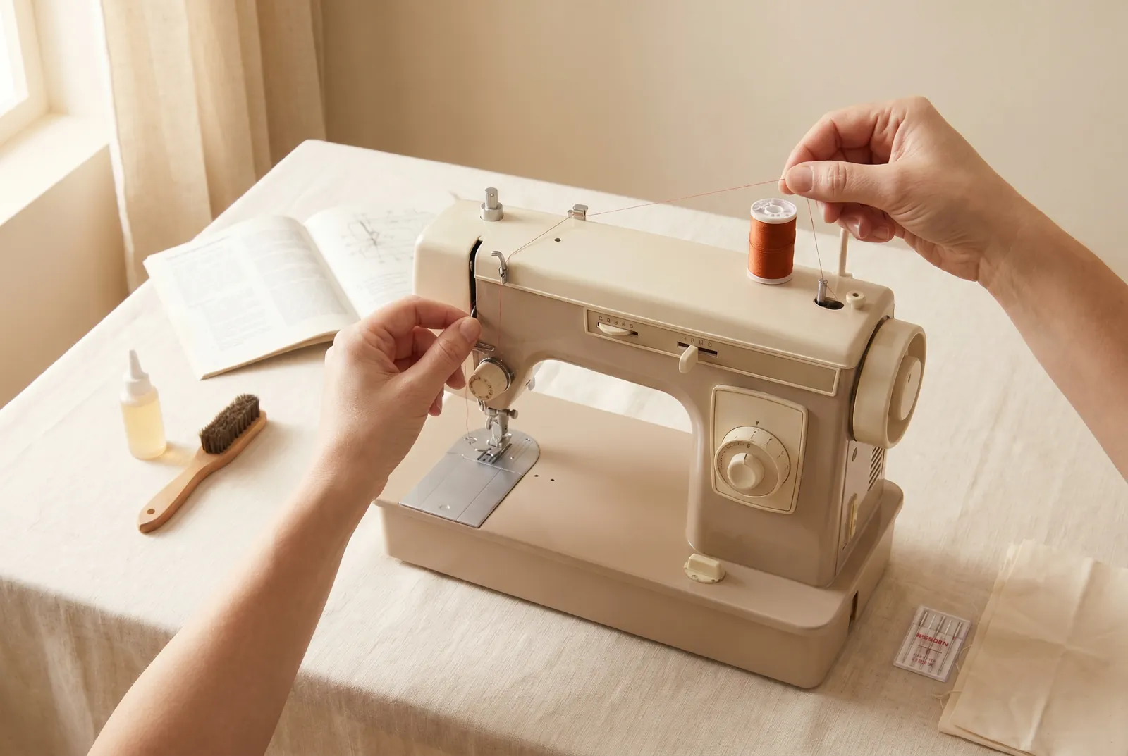 Photo: Thread the machine following the diagram in its manual, and make sure the thread passes through the take-up lever.