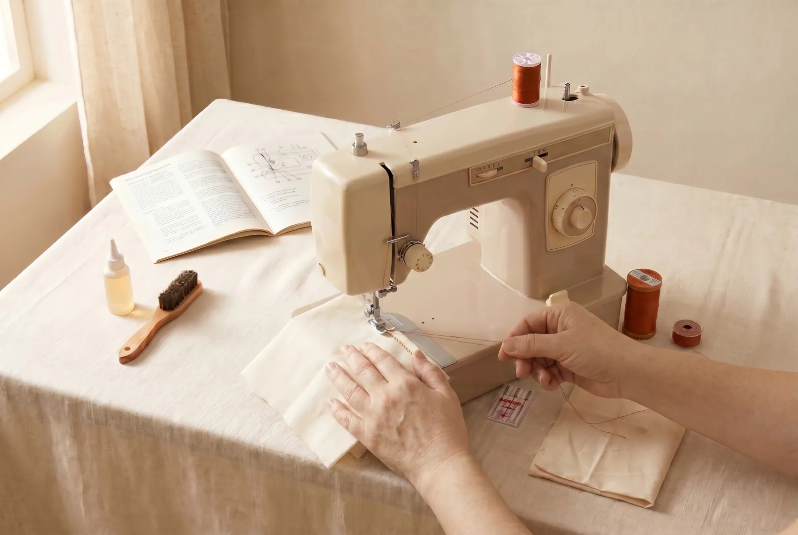 Photo: Start the seam with the take-up lever at its highest point, so the upper thread is not jerked out of the needle at the first stitch.