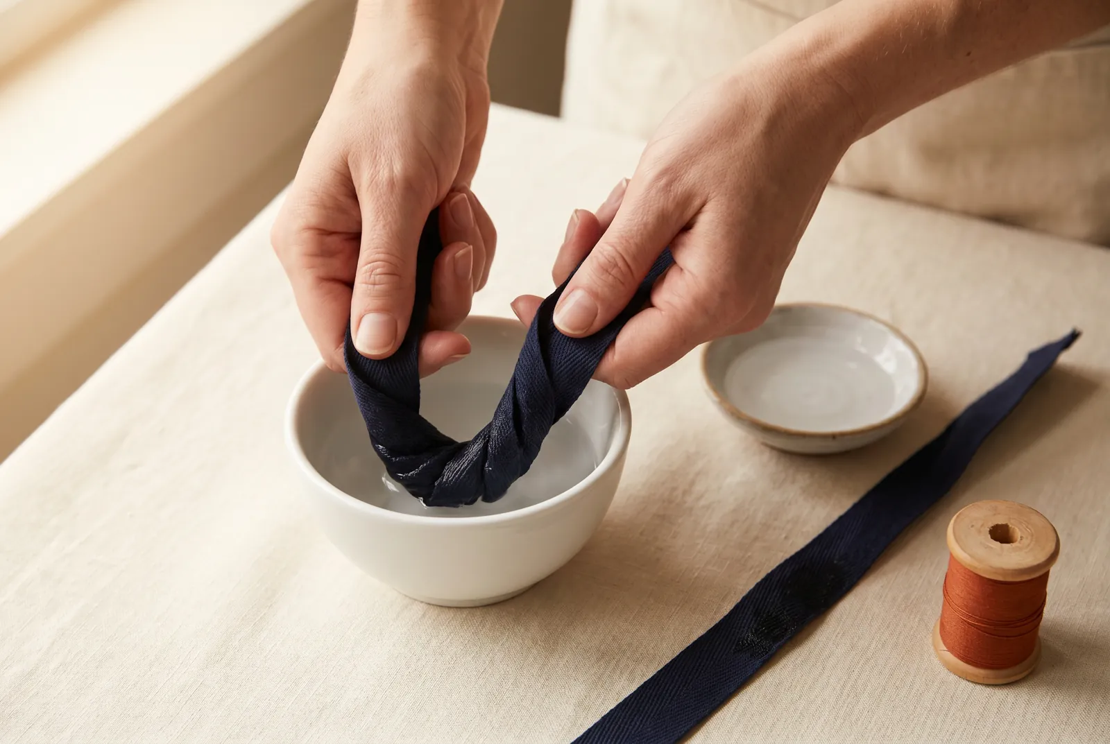Photo: Pre-shrink the two drawstrings: wet the tape, braid, or cord and let it dry fully before sewing, or a raw tape puckers the hem of a bag that will be washed.