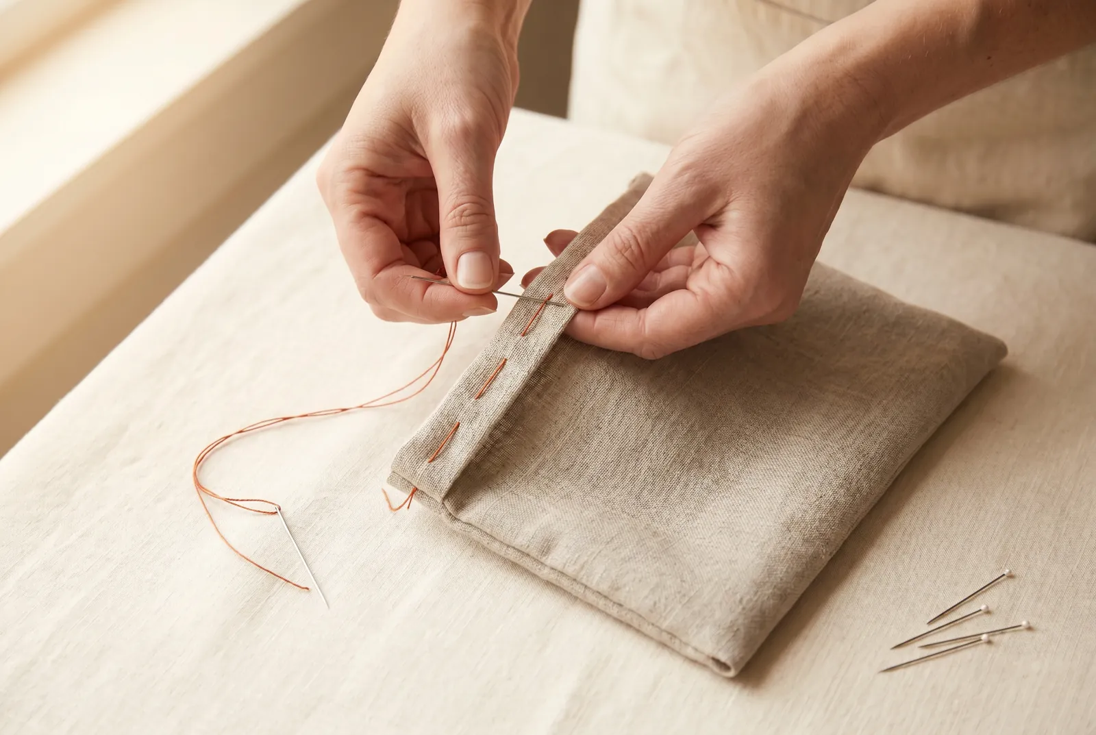 Photo: Keep the bag right side out and turn its top edge to the wrong side (the inside) 0.6 cm (1/4 in), then fold it down again 3 cm (1 1/4 in).