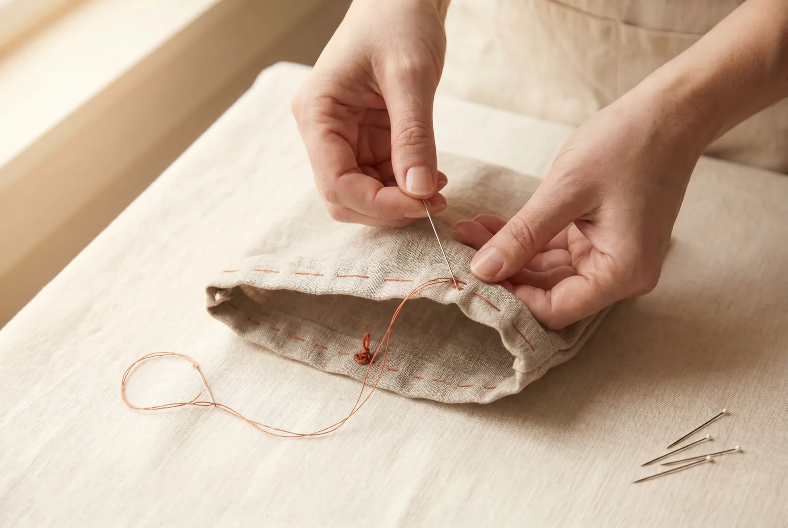 Photo: Hem or machine-stitch the lower edge of the fold down, sewing all the way around the bag.