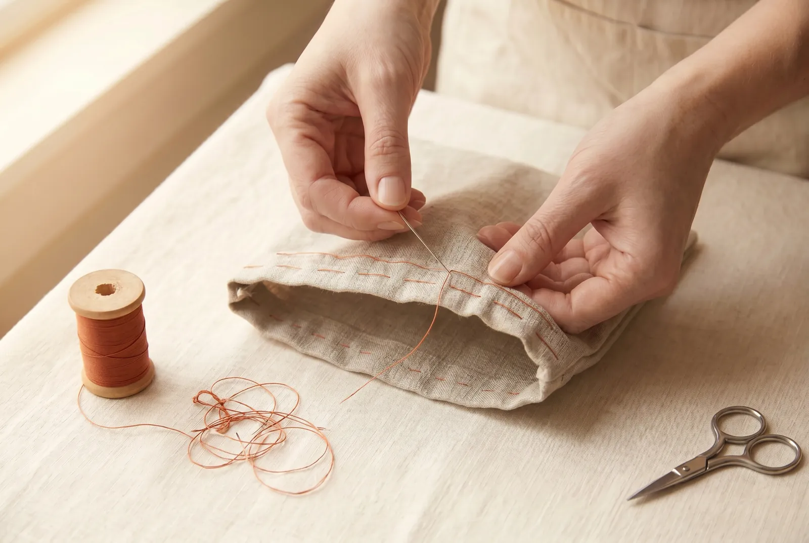 Photo: Sew a second row 1.3 cm (1/2 in) above the first, again all the way around, secured at both ends the same way.
