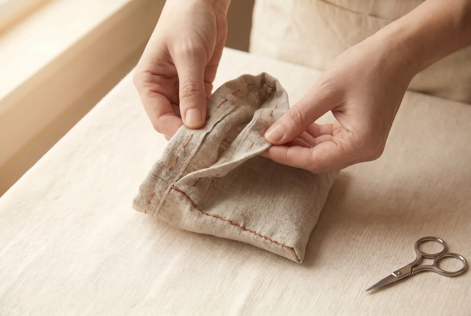 Photo: Check that the top of each side seam is open across the casing, so each opening runs into the channel between the two rows of stitching.