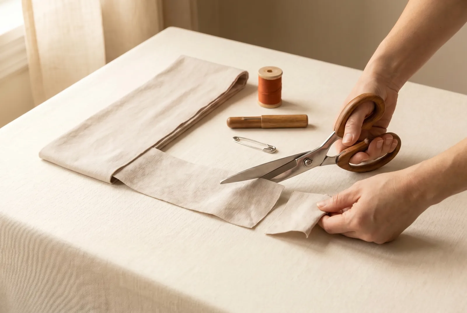 Photo: Cut a strip about 55 cm long and 10 cm wide (22 x 4 in) from a light, washable fabric, since a French seam is too thick for heavy goods.