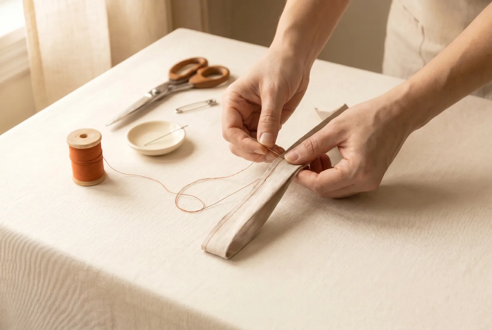 Photo: Fold the strip in half along its length so the two long raw edges line up, and sew a first line of stitching about 3 mm (1/8 in) in from those edges; a straigh…