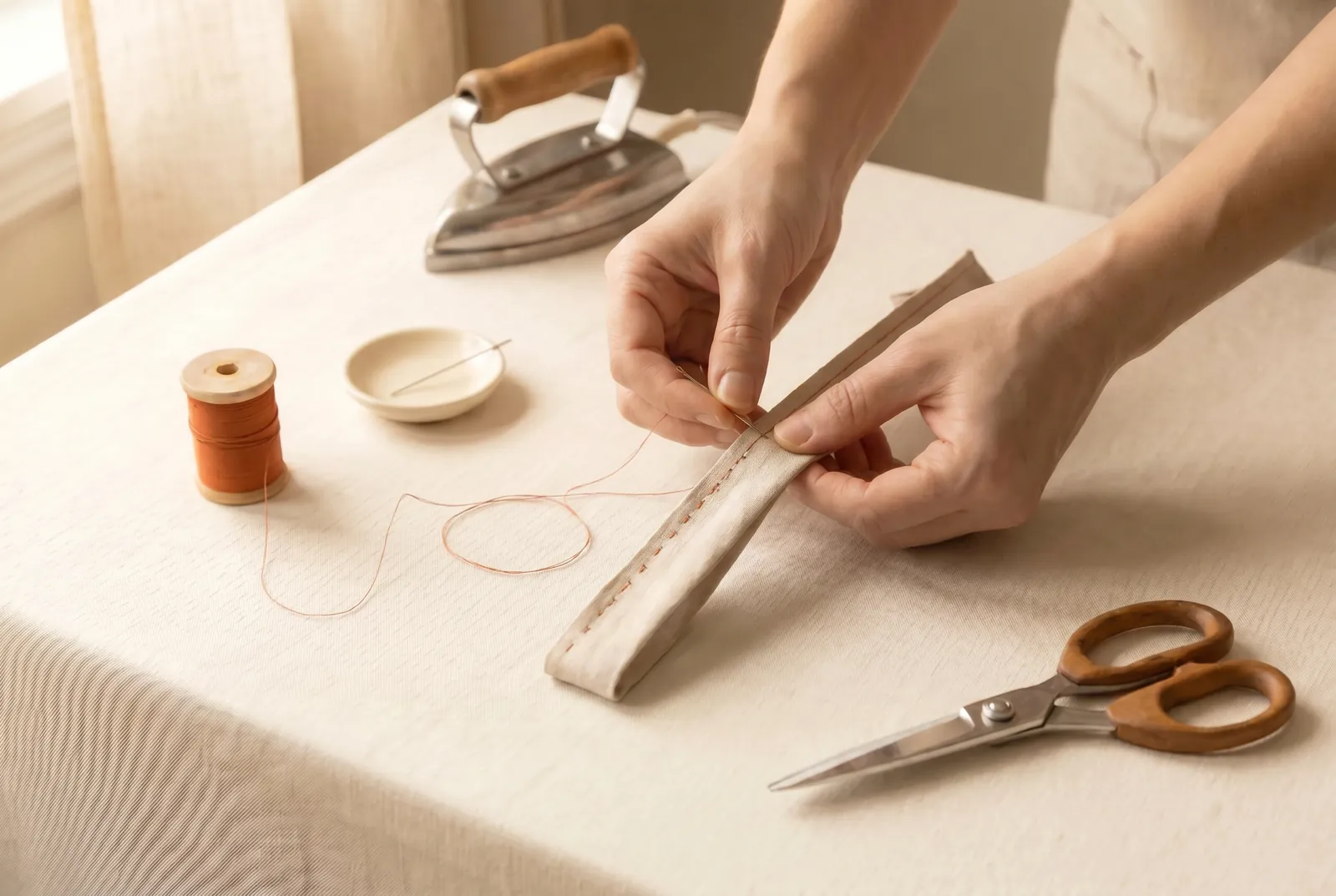 Photo: Turn the work so that first line of stitching lies right on the fold, rolling the seam between your fingers until it does.