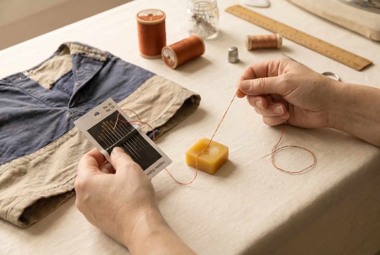 Photo: Match the thread and needle to the cloth: cotton thread No.