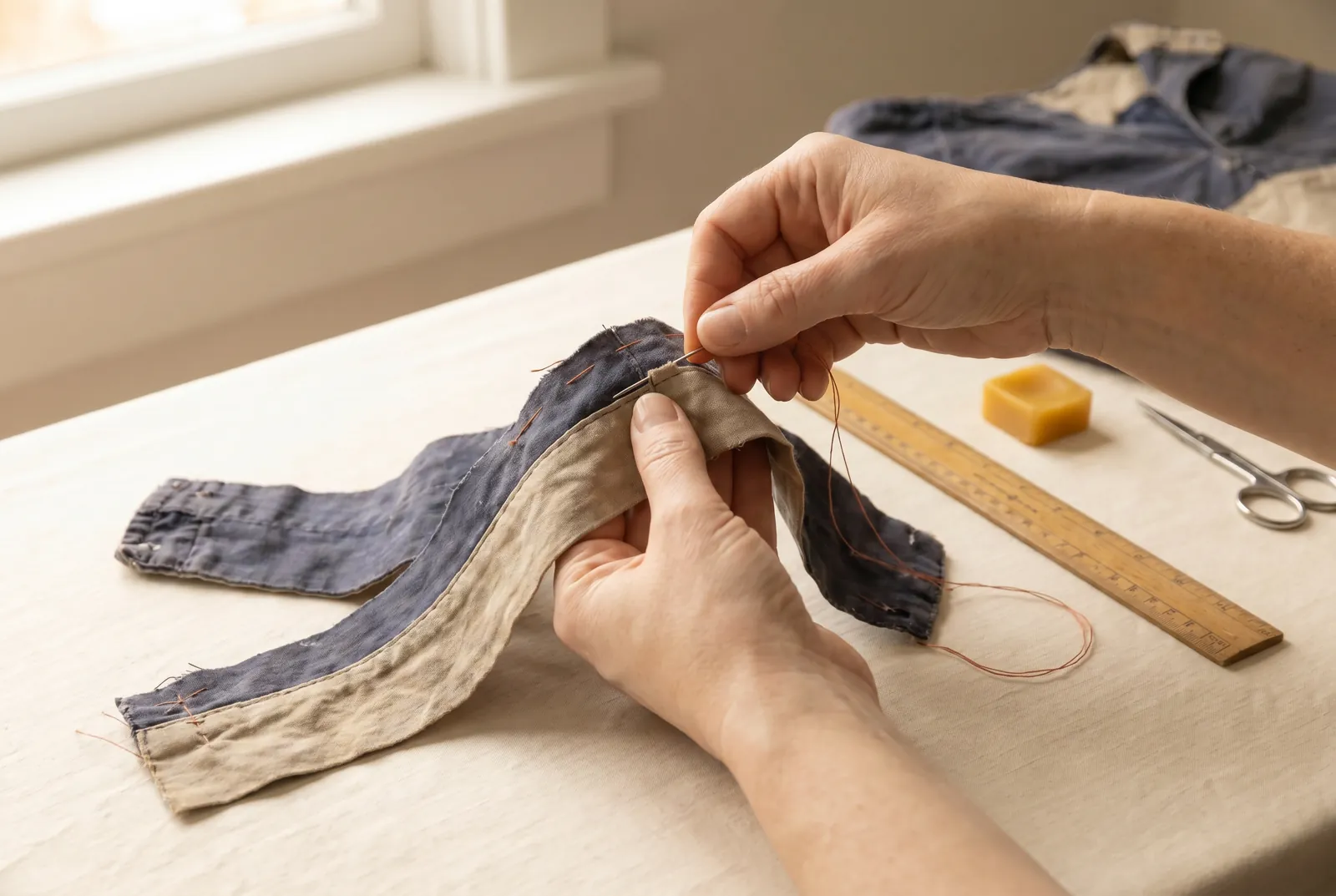 Photo: One salvaged strip is often too short for the length you need, so join two strips end to end with a French seam, which sits well in a straight line like this o…