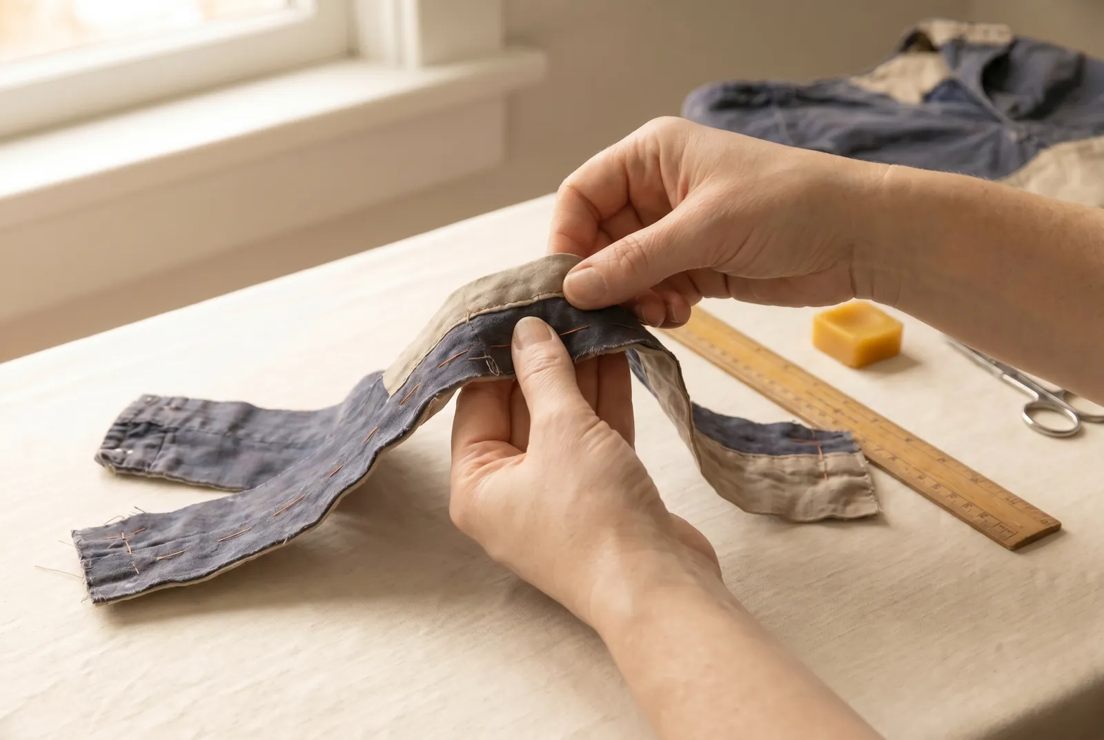 Photo: Open the two strips out and bring them together the other way, so the first line of stitching runs along the joined edge.