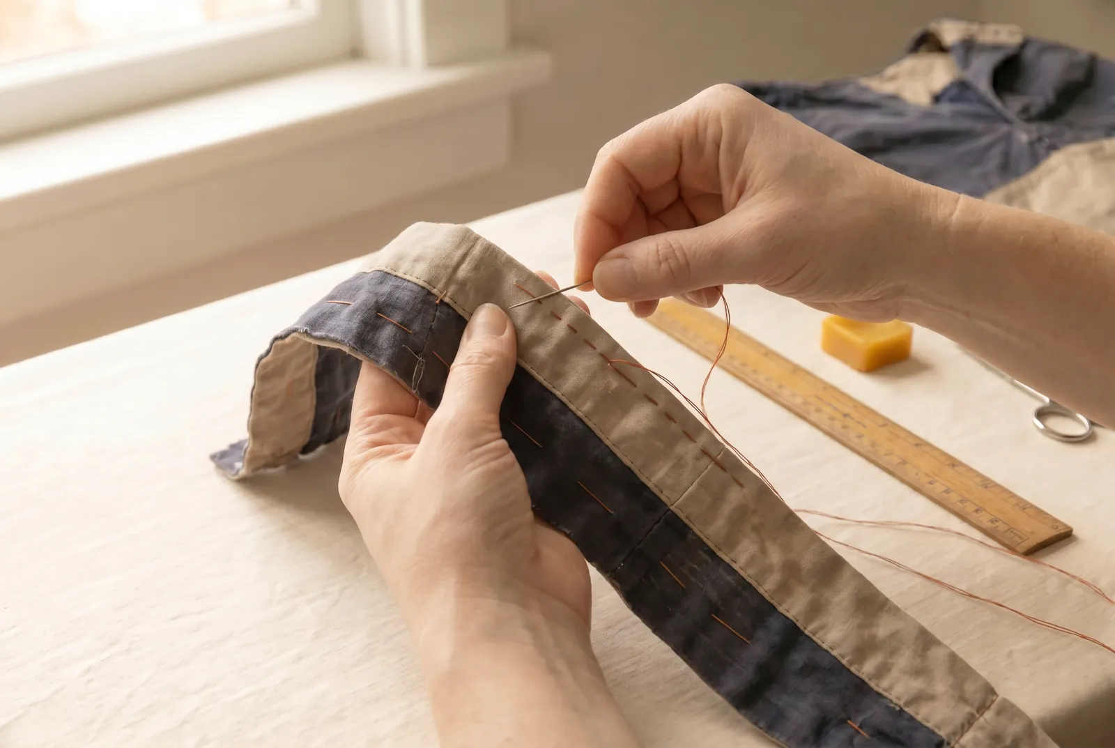 Photo: Sew the second seam 6 mm (1/4 in) from the fold, deep enough to shut in the raw ends entirely; the two seams together take up about 1 cm (3/8 in) of cloth.