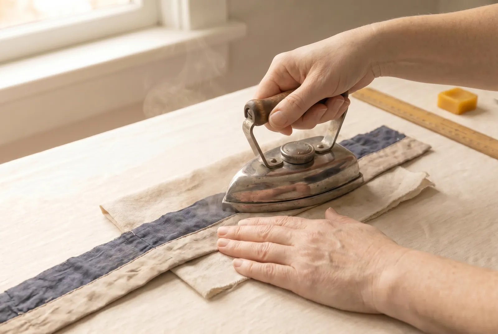 Photo: Press the join at once, before any other seam crosses it, since a seam once crossed can never be pressed flat again.