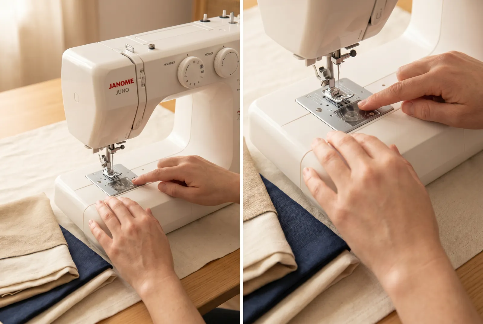 Photo: Locate the bobbin cover, the clear plastic plate set into the needle plate directly under the needle.