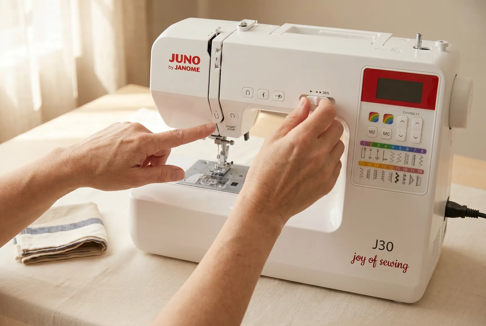 Photo: Locate three more controls: the reverse/backstitch button near the needle, which sews backward while held down to lock a seam's end; the start/stop button, whi…