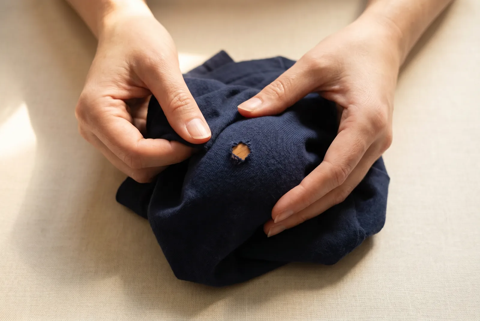 Photo: Turn the shirt so the hole is easy to reach and lay the hole over a darning egg or ball (or a smooth, rounded object that fills the opening).