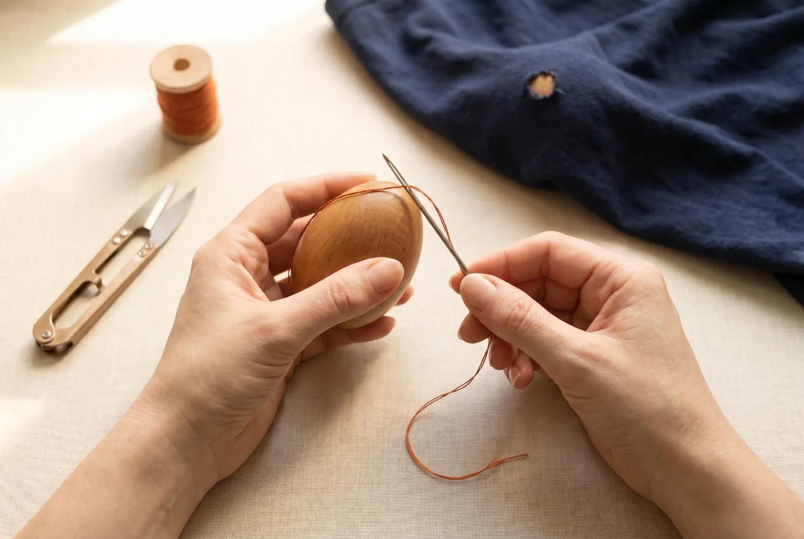 Photo: Thread a long darning needle, or a blunt tapestry needle that slips between the knit loops without splitting them, with a fine cotton darning thread.